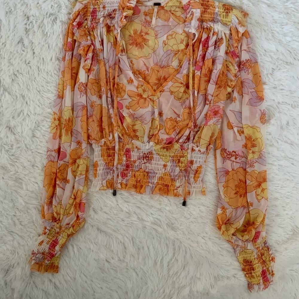 Free People Orange Yellow Long Sleeve Crop Blouse